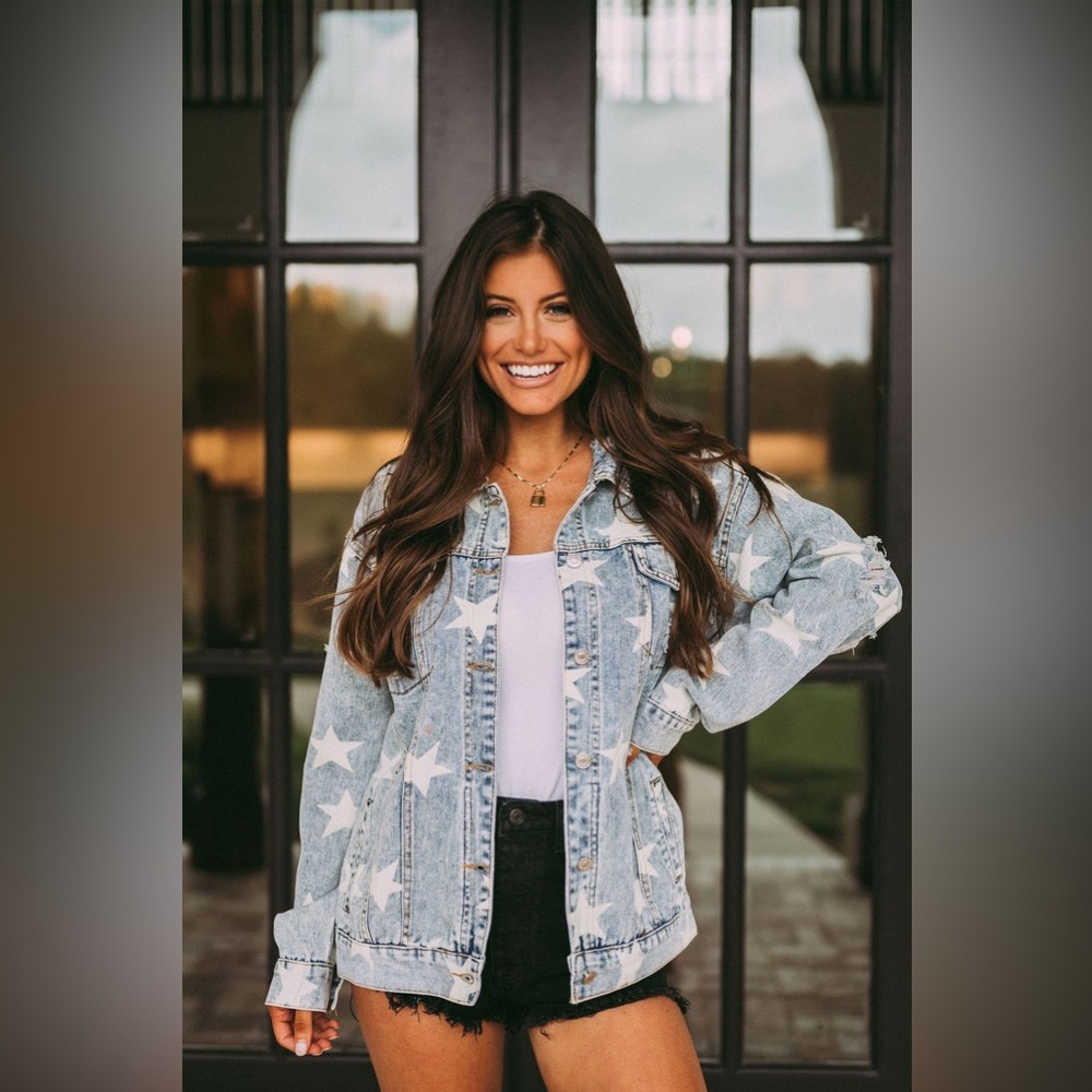 Blue Buttercup Distressed Jean Jacket with Star Detail Worn Look